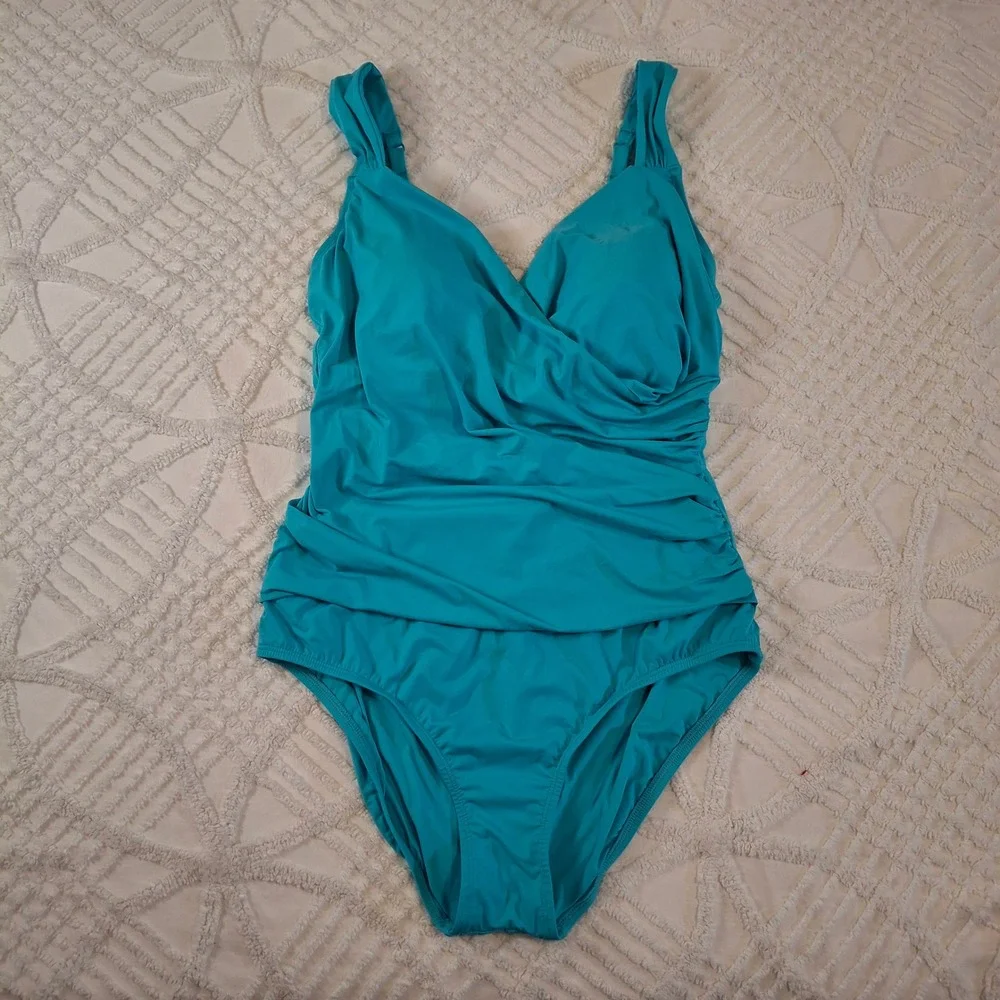 JANTZEN Women 14 One‎ Piece Swimsuit Blue Surplice Wrap Tummy Control Ruching